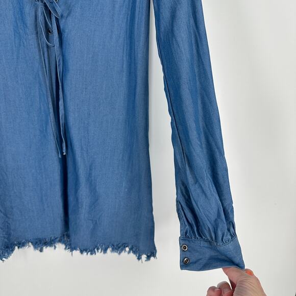Lovers + Friends Denim Raw Hem Lace Up Dress Tencel Blue Womens Small - Picture 3 of 9